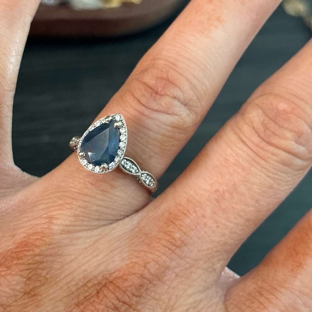 14kt Montana sapphire Blue Teardrop Ring with Halo and Diamonds